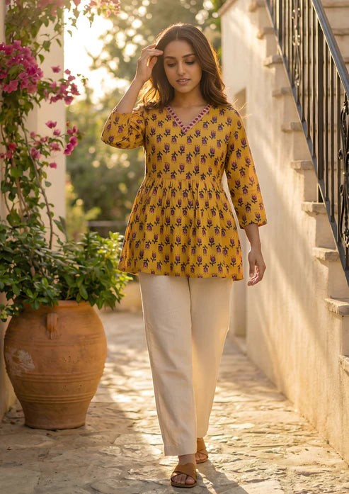Mustard Floral Printed Cotton Short Kurta for Women | Stylish Casual Everyday Wear