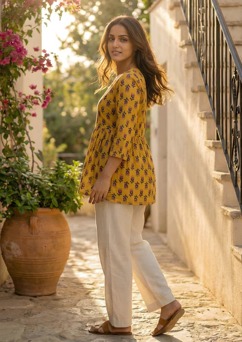 Mustard Floral Printed Cotton Short Kurta for Women | Stylish Casual Everyday Wear
