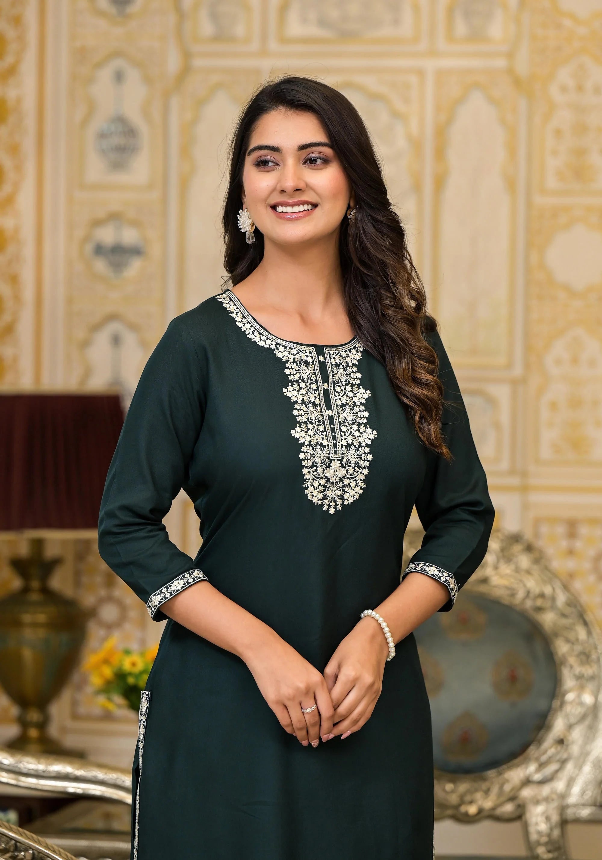 Green Thread Embroidered Rayon Kurta for Women | Elegant Everyday & Festive Wear
