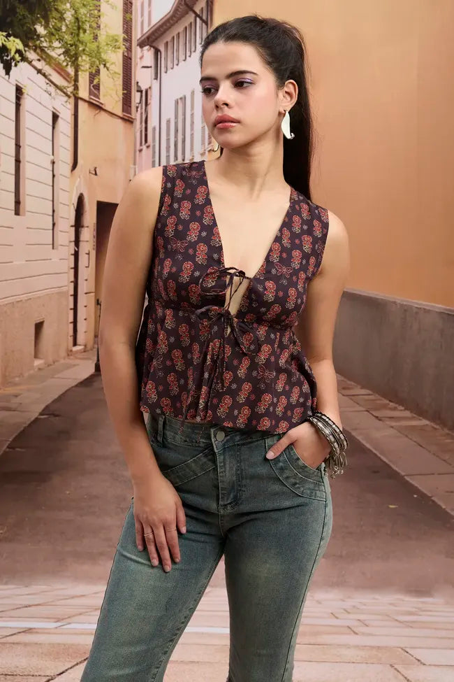 Black Ethnic Print V-Neck Tie-Up Top – Indo Fusion Chic