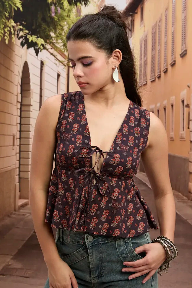 Black Ethnic Print V-Neck Tie-Up Top – Indo Fusion Chic