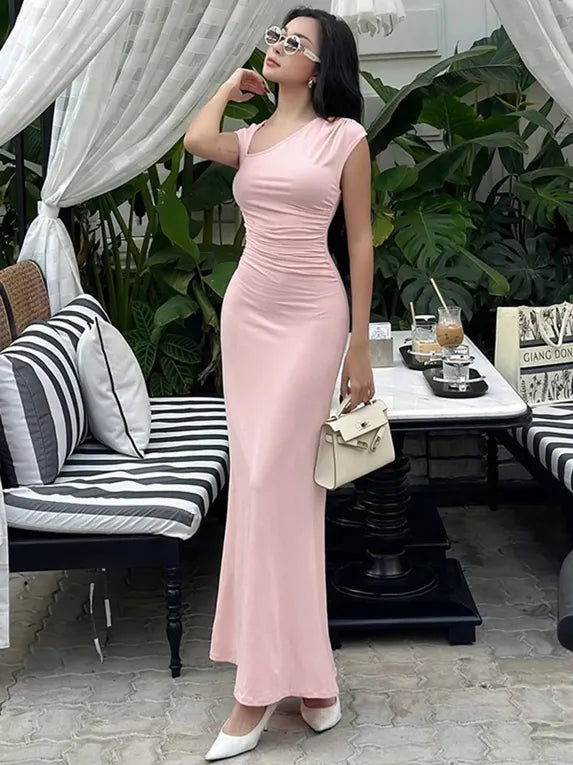 Light Pink Asymmetric Neck Ruched Dress for Women | Chic Party & Date Night Wear