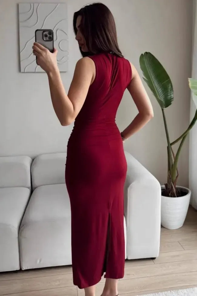 Maroon Ruched High Neck Maxi Dress – Elegant Contour Edition