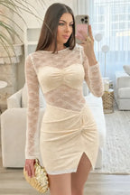 Beige Lace Sequin Bodycon Mini Dress – Soft Glam Edition