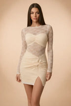 Beige Lace Sequin Bodycon Mini Dress – Soft Glam Edition