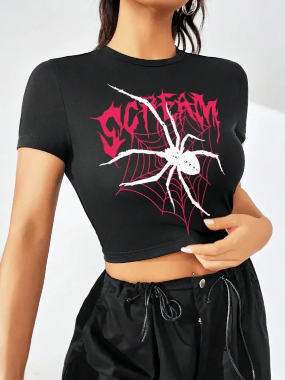 Clothyn Black Spider Graphic Crop T-Shirt