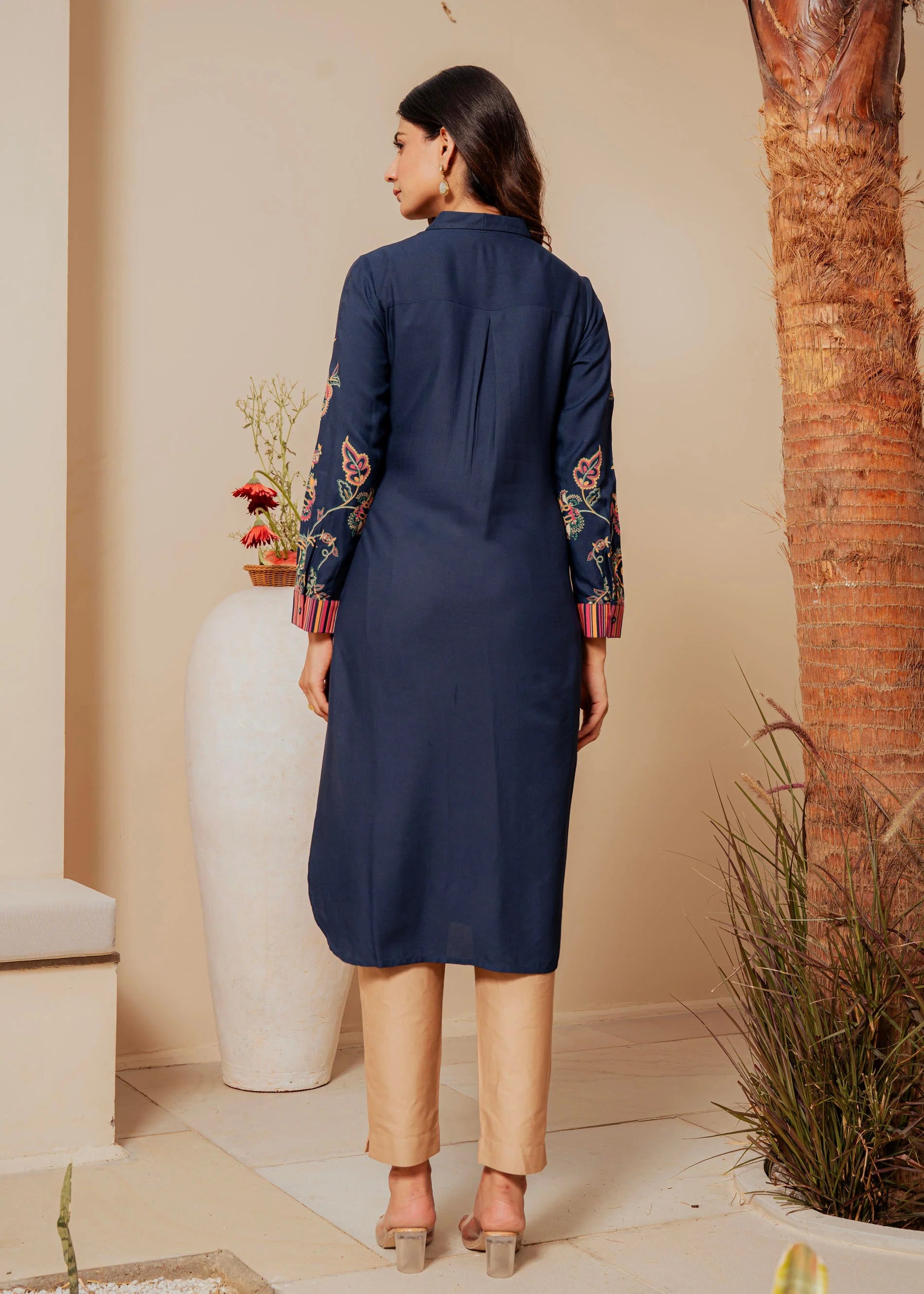 Midnight Blue Floral Printed Viscose Kurta for Women with Button Detailing | Elegant Everyday & Evening Wear