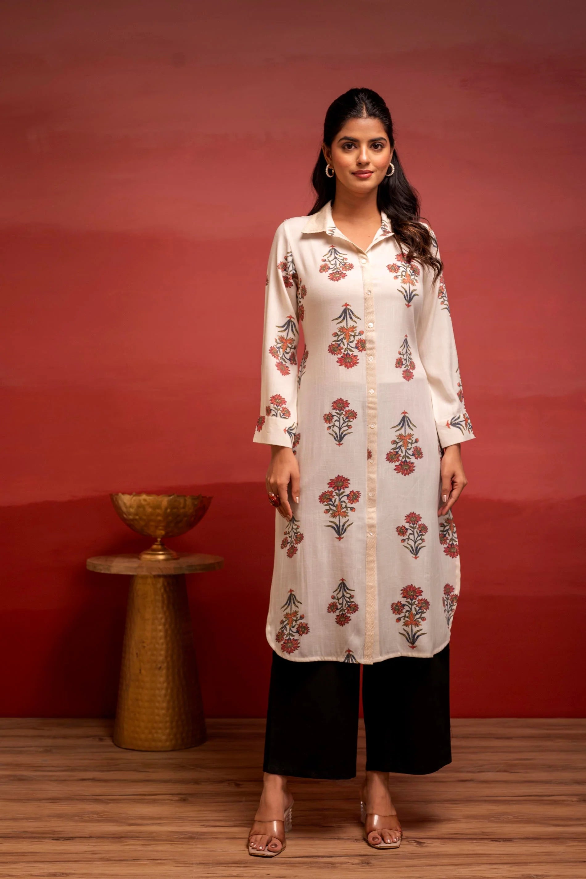 White Floral Printed Viscose Kurta for Women with Button Detailing | Elegant Everyday Wear