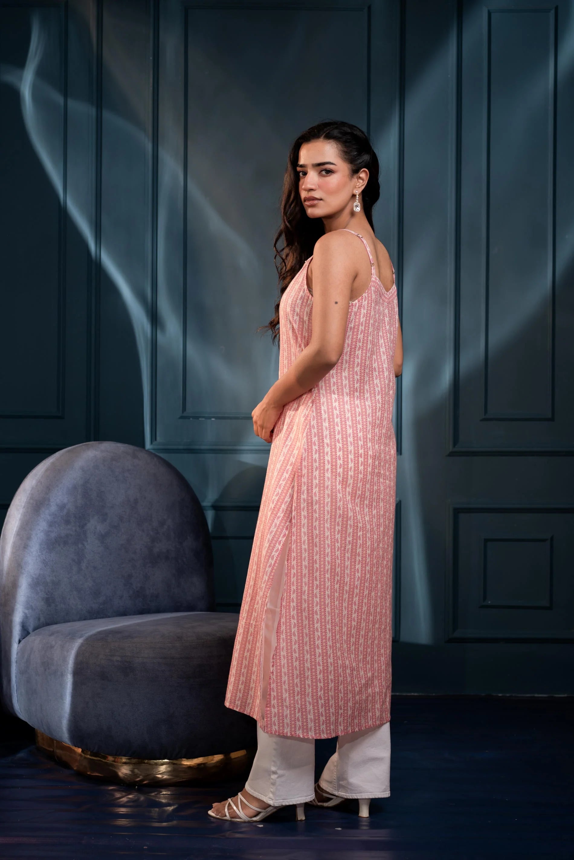 Pink Ethnic Motifs Sequin Kurta for Women | Elegant Festive Wear in Man-Made Fiber