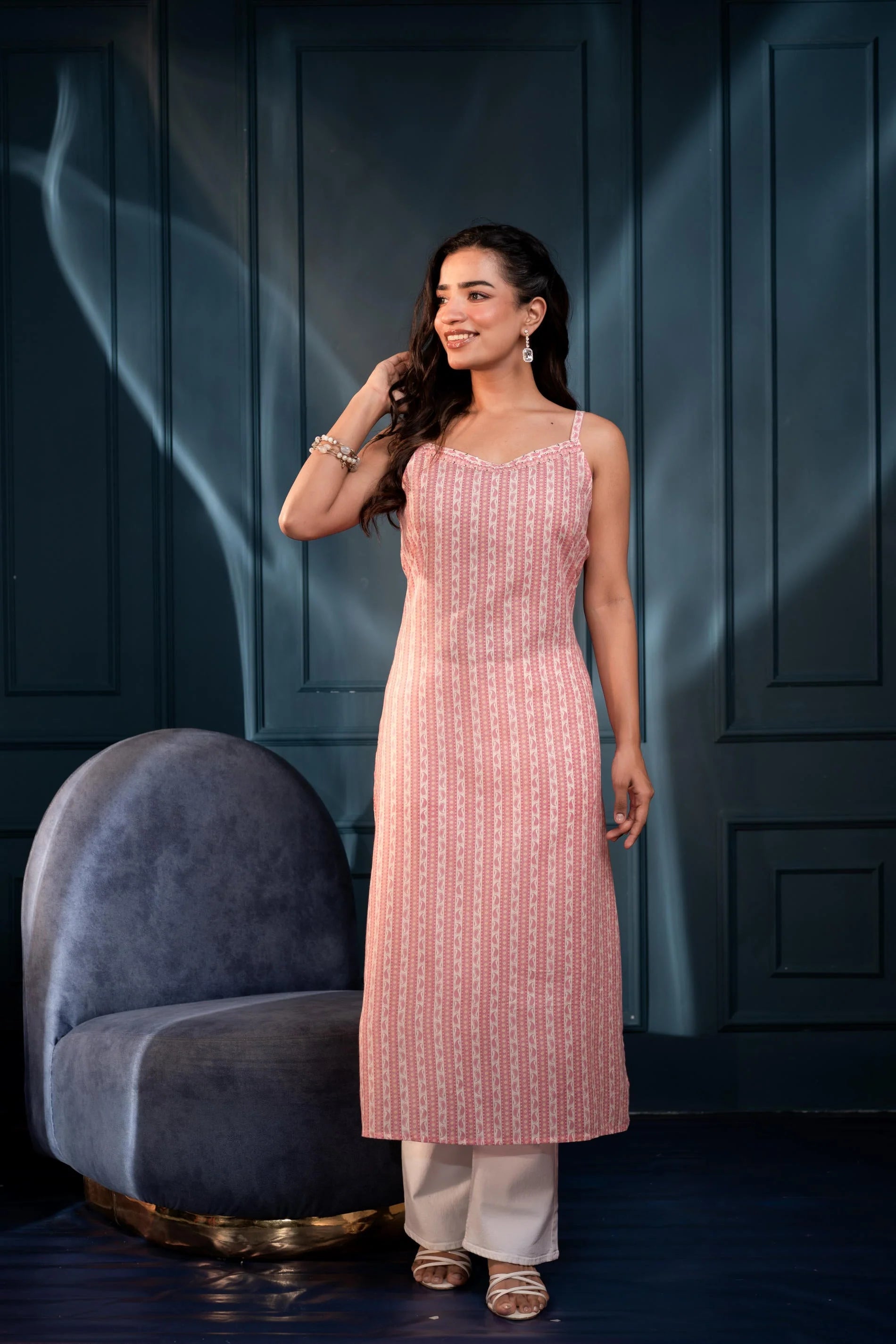 Pink Ethnic Motifs Sequin Kurta for Women | Elegant Festive Wear in Man-Made Fiber