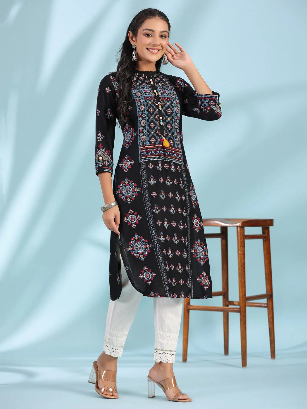 Black Ethnic Motif Printed Rayon Calf Length Straight Kurta for Women with Kaudis, Kantha Work & Sequins | Premium Festive Wear