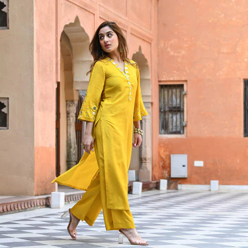 Yellow Mirror Work Cotton Kurta Palazzo Set for Women | Festive Ethnic Wear