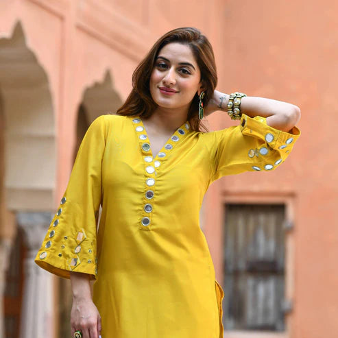 Yellow Mirror Work Cotton Kurta Palazzo Set for Women | Festive Ethnic Wear
