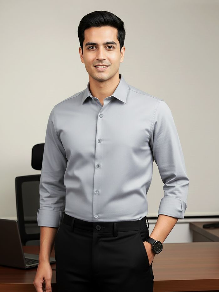 Grey Plain Cotton Casual Shirt for Men