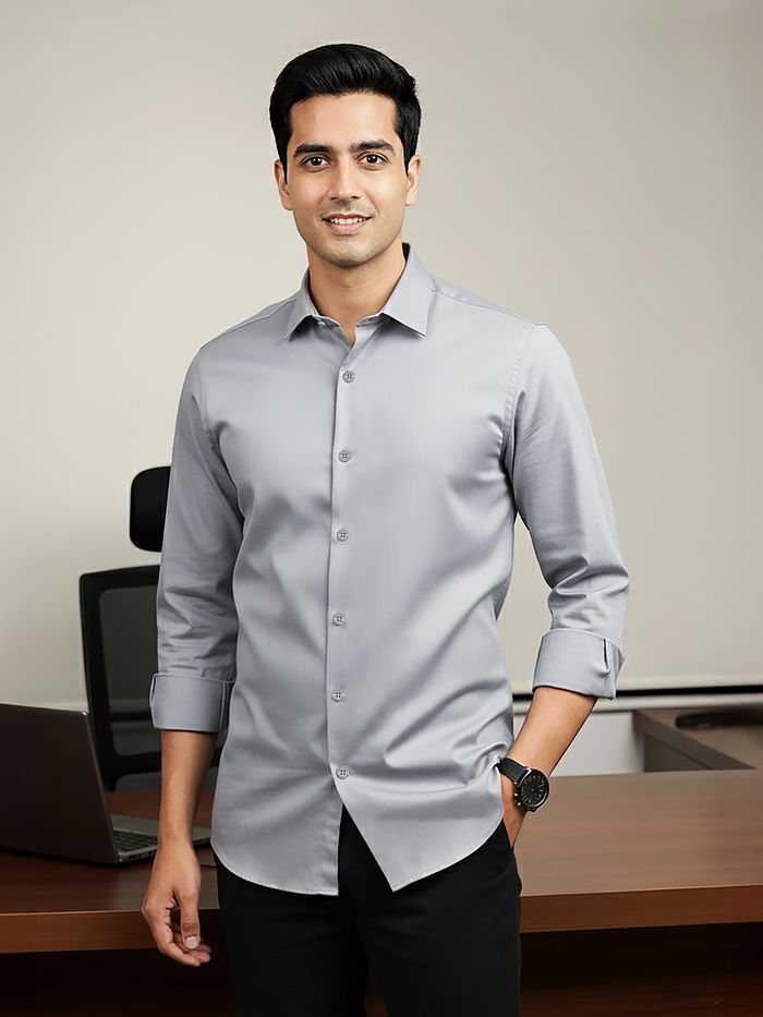 Grey Plain Cotton Casual Shirt for Men