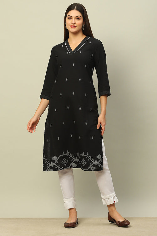 Black Cotton Jacquard Yarndyed Straight Kurta for Women | Premium Textured Ethnic Wear