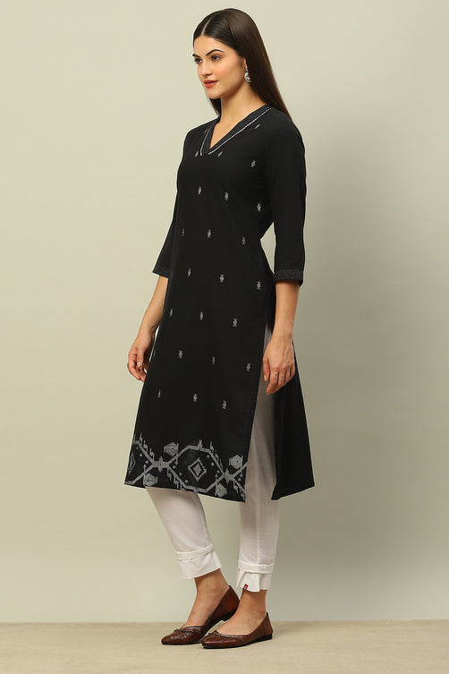 Black Cotton Jacquard Yarndyed Straight Kurta for Women | Premium Textured Ethnic Wear