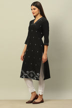 Black Cotton Jacquard Yarndyed Straight Kurta for Women | Premium Textured Ethnic Wear