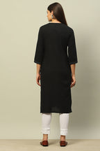 Black Cotton Jacquard Yarndyed Straight Kurta for Women | Premium Textured Ethnic Wear